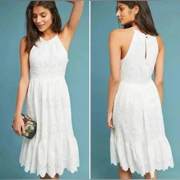 Maeve Anthro Ivory Eyelet Tiered Midi Dress | size 8 - Picture 1 of 14